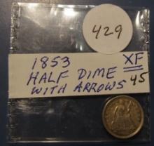 1853 ARROWS SEATED HALF DIME CHOICE XF-45