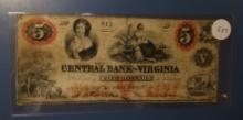1860 CENTRAL BANK OF VIRGINIA FIVE DOLLAR NOTE FINE
