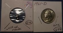 LOT OF 1961-D SILVER WASHINGTON QTR. BU & .54 GRAM SILVER INGOT (2 PIECES)
