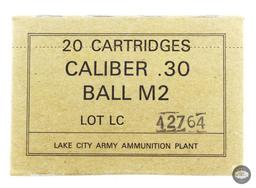 Unopened Box of .30 Caliber M2 Ball -30-06 SPRG - 20 Rounds