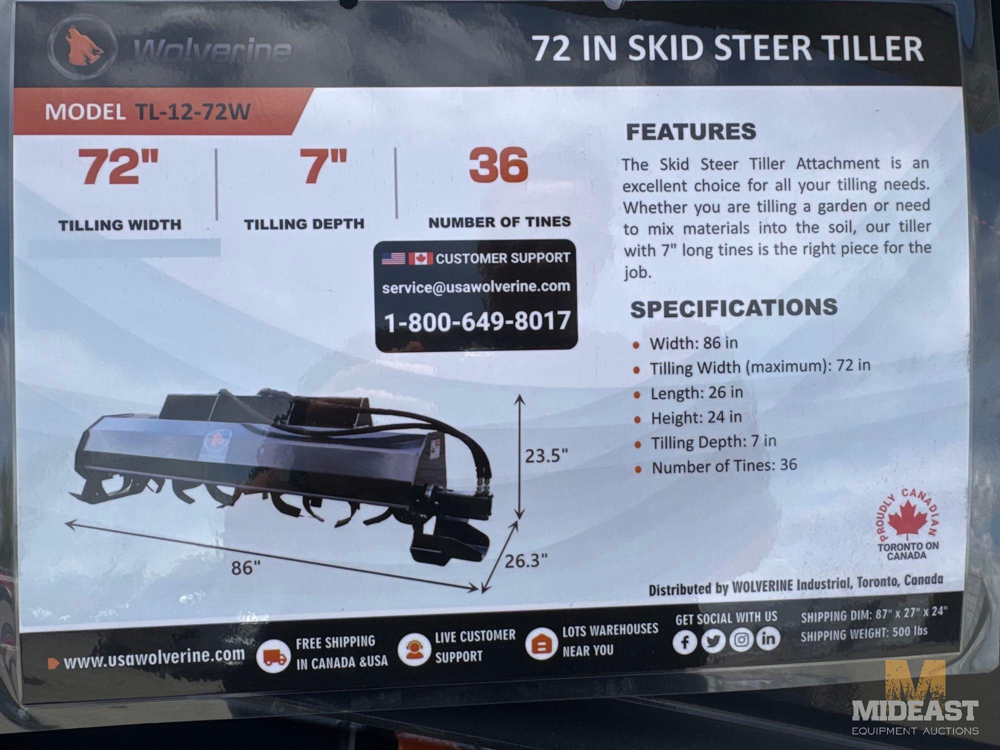 72 IN. Skid Steer Tiller