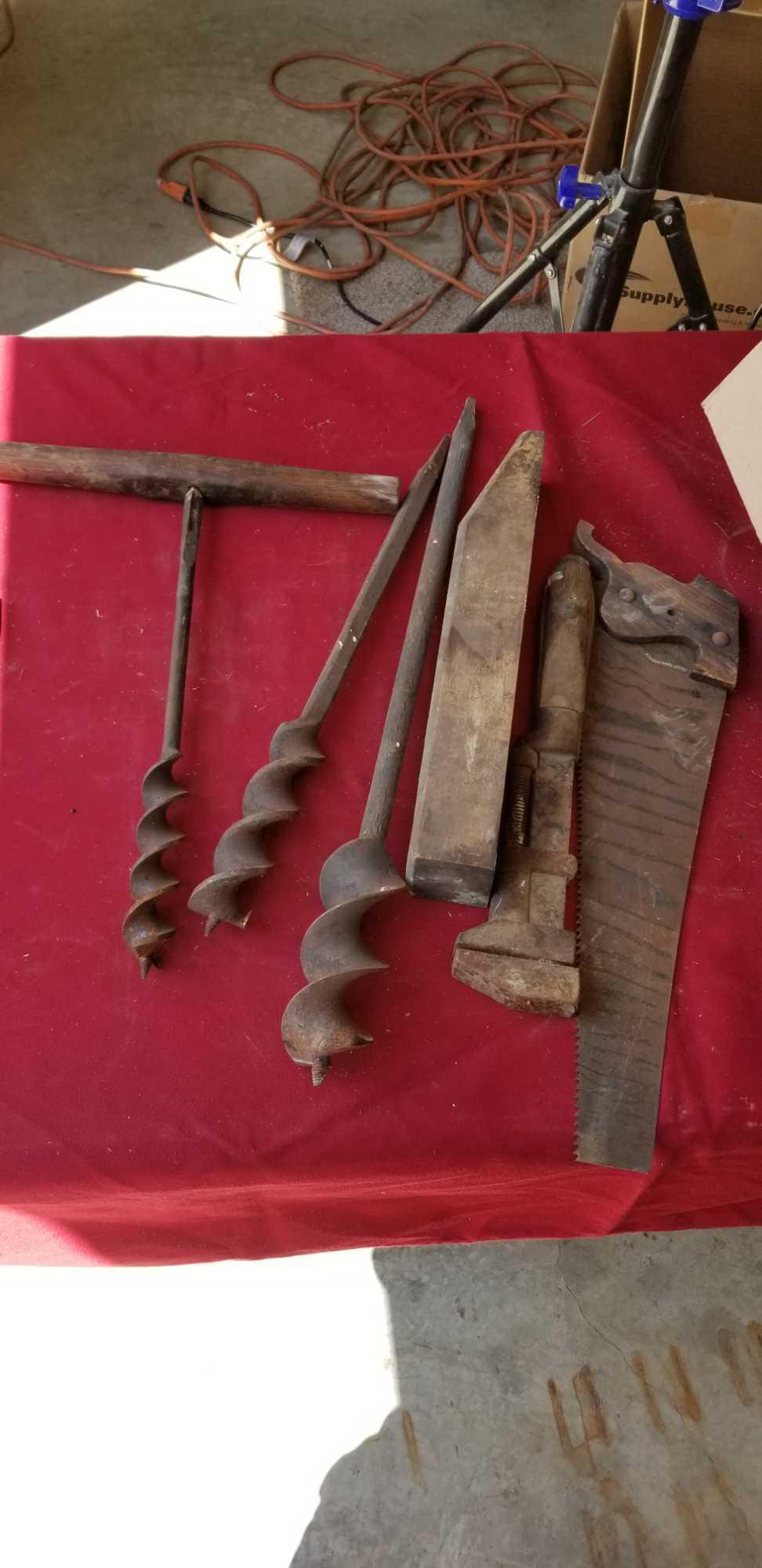 Early tools, monkey weench hand saw and more