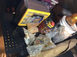 Small organizer, pegboard, flasher, bolts and fasteners and paper
