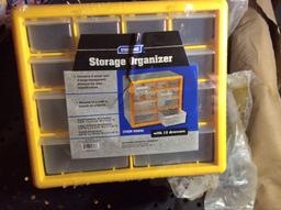 Small organizer, pegboard, flasher, bolts and fasteners and paper
