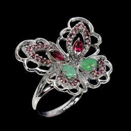 Natural Colombian Emerald Rhodolite Garnet Ring