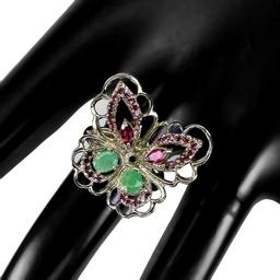 Natural Colombian Emerald Rhodolite Garnet Ring