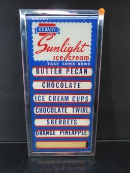 Cudahy Sunlight Ice Cream Menu Board