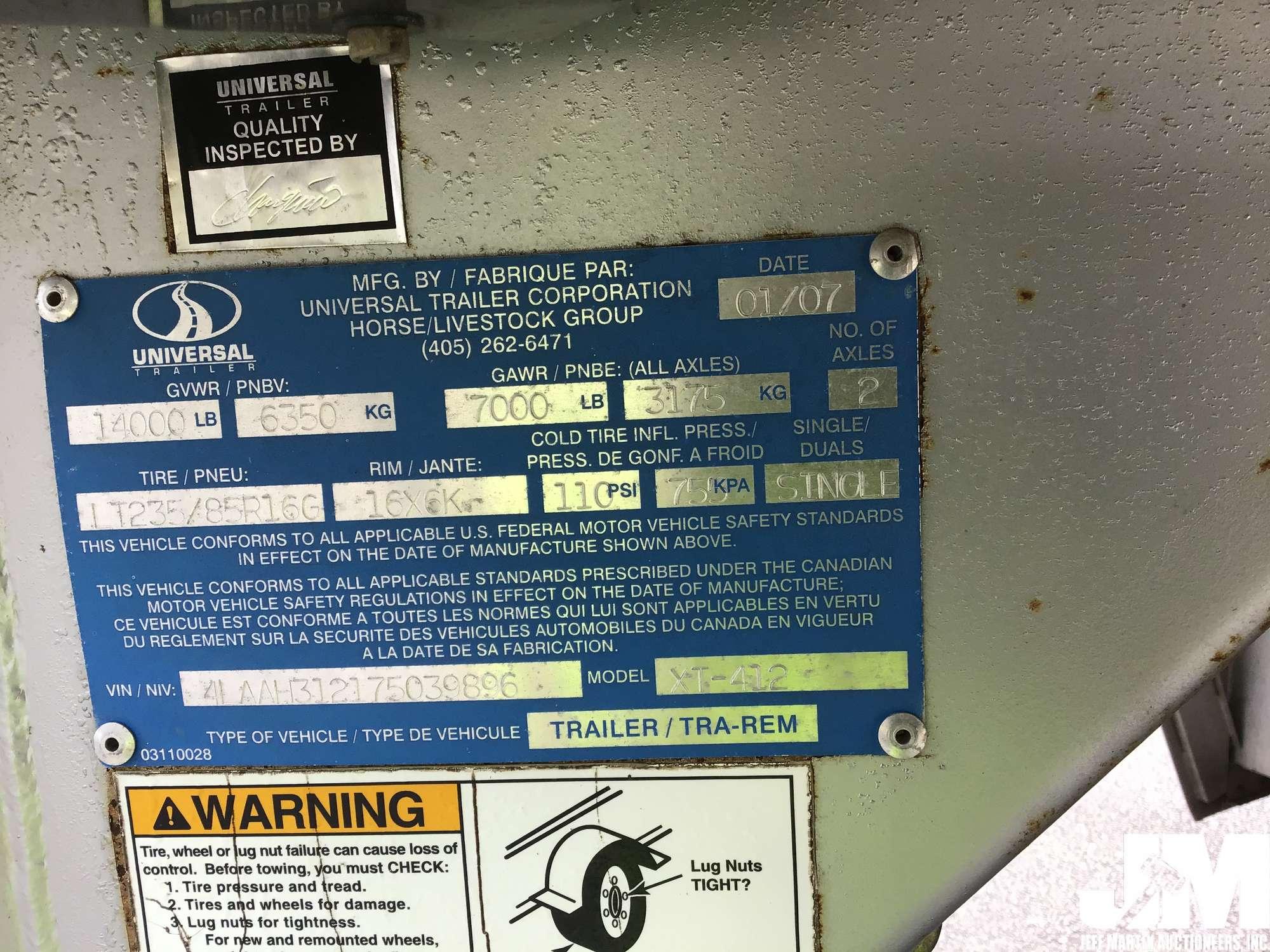 2007 EXISS XT412 VIN: 4LAAH312175039896 HORSE TRAILER