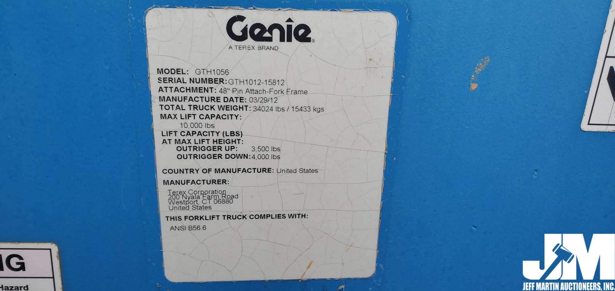 2012 GENIE GTH1056 TELESCOPIC FORKLIFT SN: GTH101215812