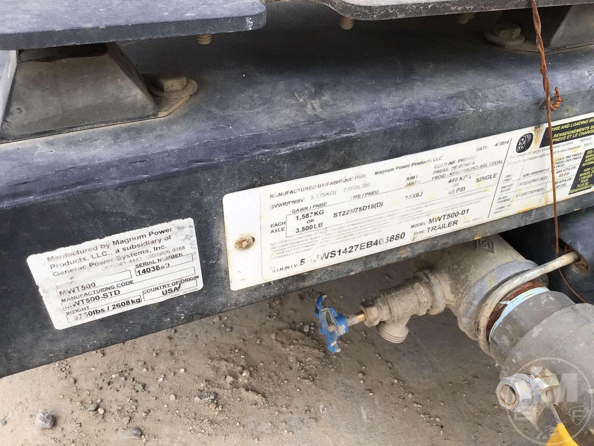 2014 MAGNUM POWER PRODUCTS MWT500 VIN: 5AJWS1427EB403880 T/A WATER TRAILER