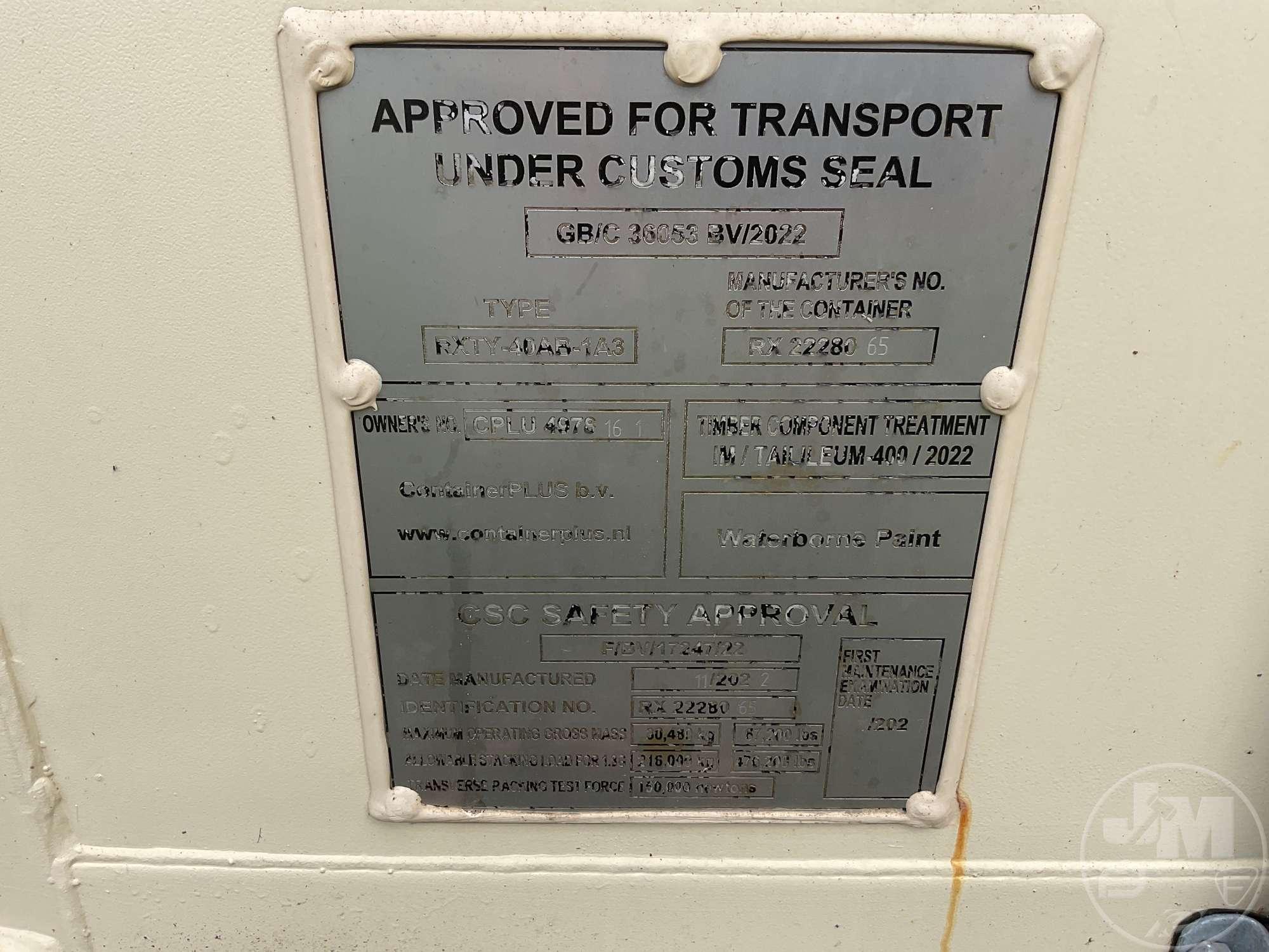 2022 CONTAINER PLUS 40' CONTAINER SN: CPLU4978161