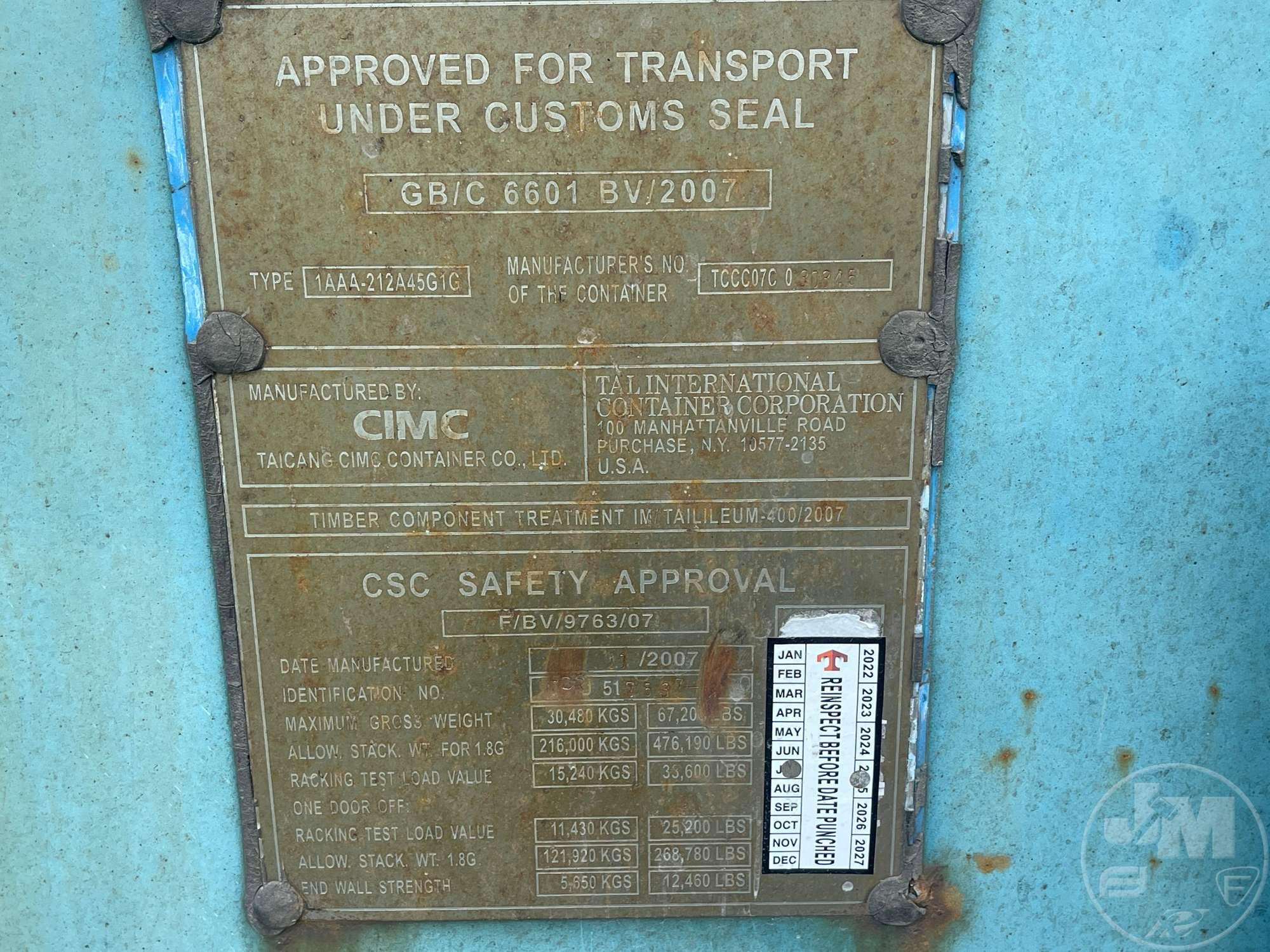 2007 CIMC  40' CONTAINER SN: TDRU5175370