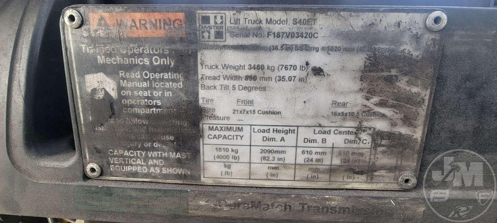 HYSTER S40FT CUSHION TIRE FORKLIFT SN: F187VO3420C