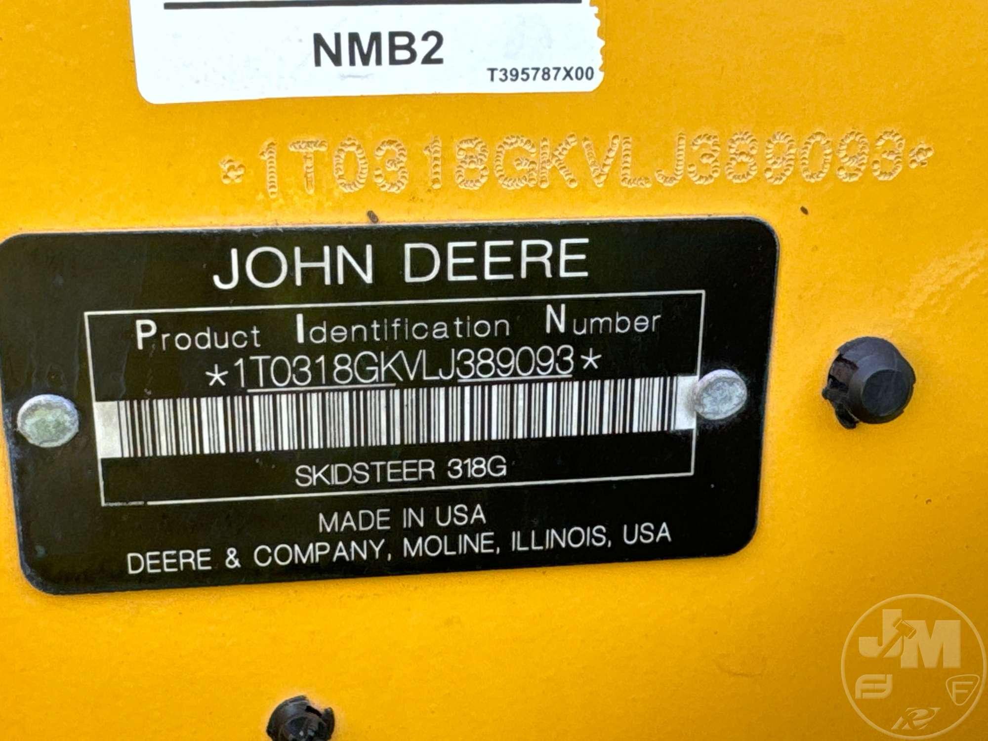 2020 DEERE 318G SKID STEER SN: 1T0318GKVLJ389093