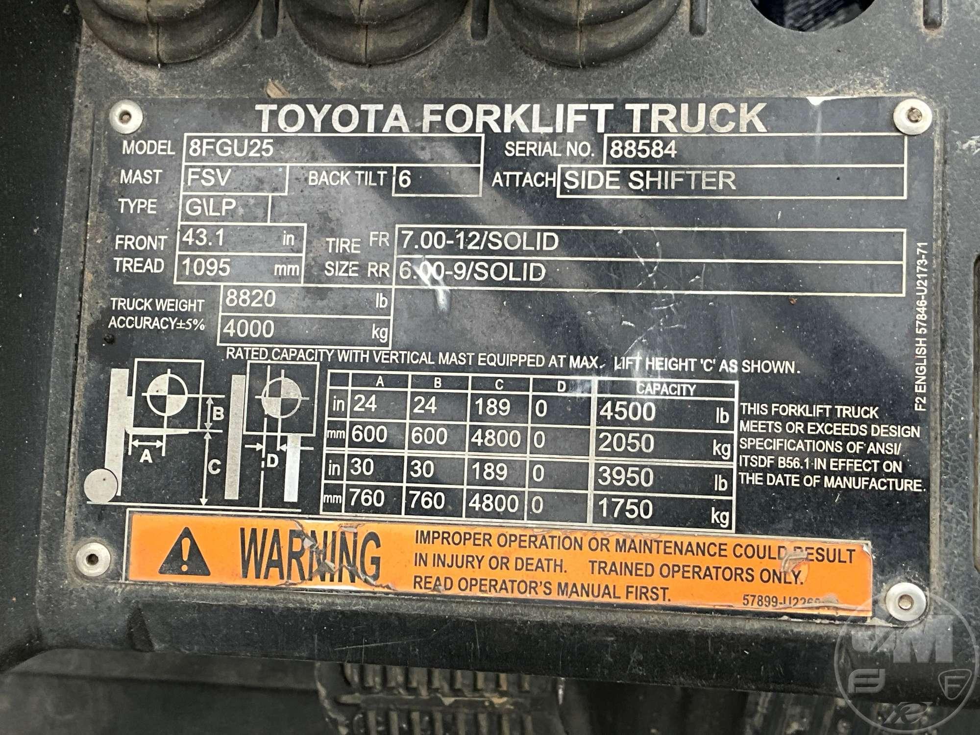 2019 TOYOTA 8FGU25 PNEUMATIC TIRE FORKLIFT SN: 8FGU25-88584