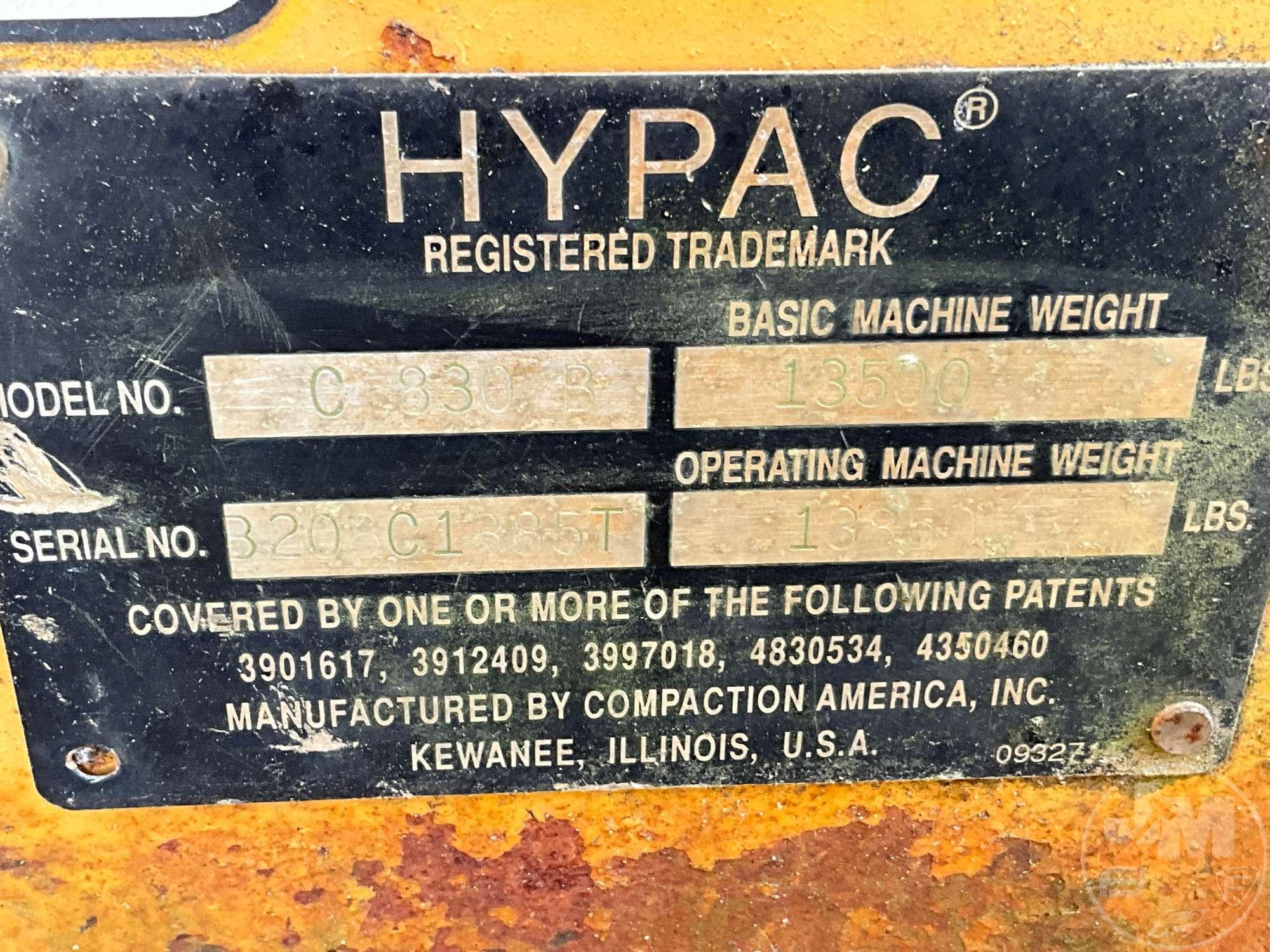 1999 HYPAC C830B SINGLE DRUM VIBRATORY ROLLER SN: B208C1885T