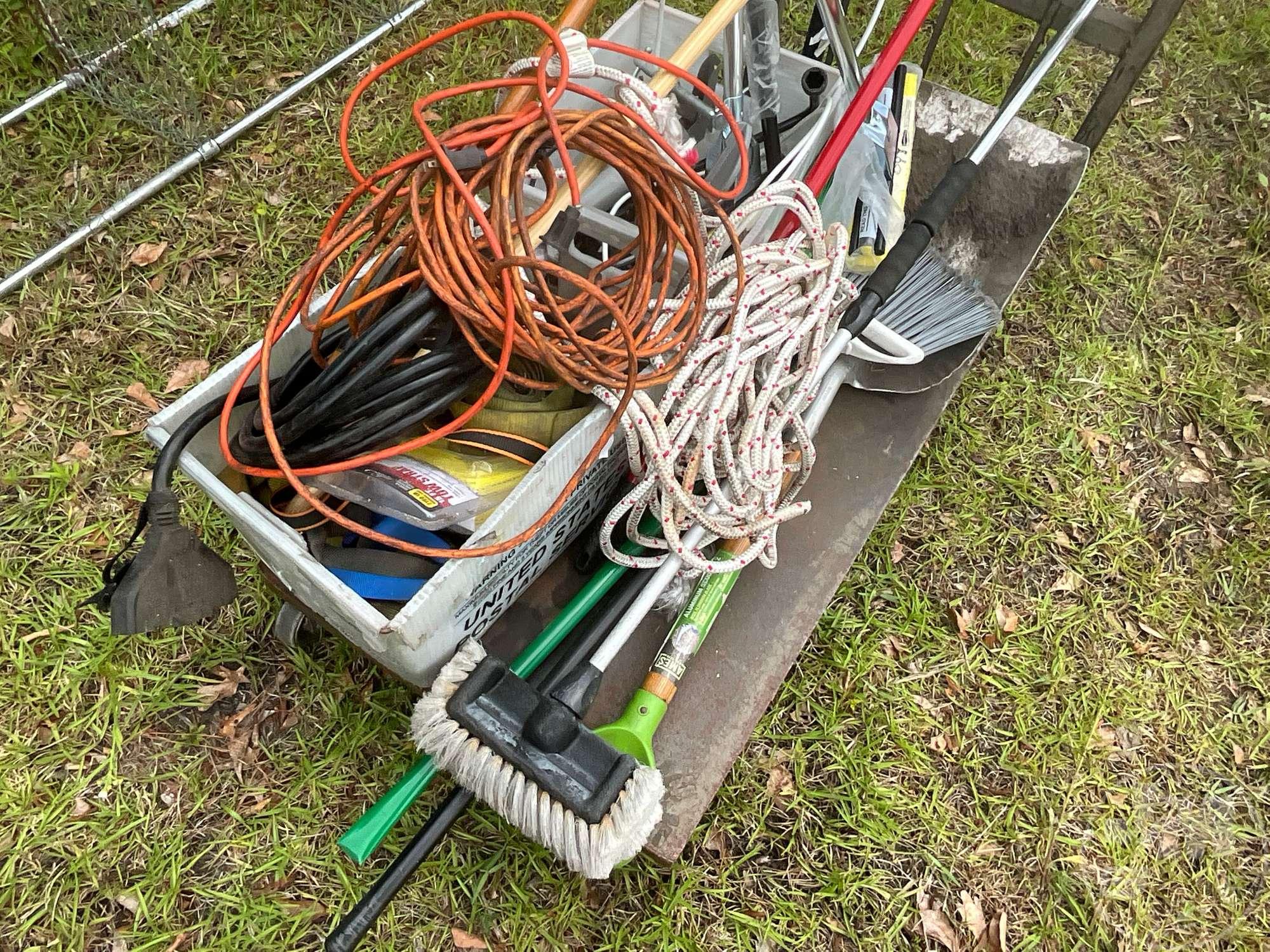 CART WITH BROOMS, EXTENSION CORDS, SPONGE ROLLER MOPS, STRAPS &