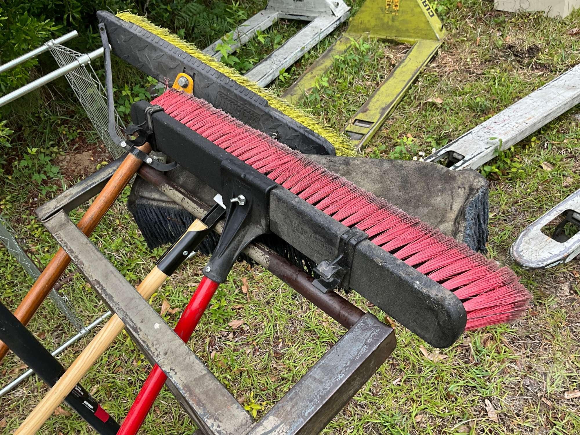 CART WITH BROOMS, EXTENSION CORDS, SPONGE ROLLER MOPS, STRAPS &