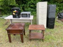 SAFE, MICROWAVE, TABLES, & FILE CABINETS