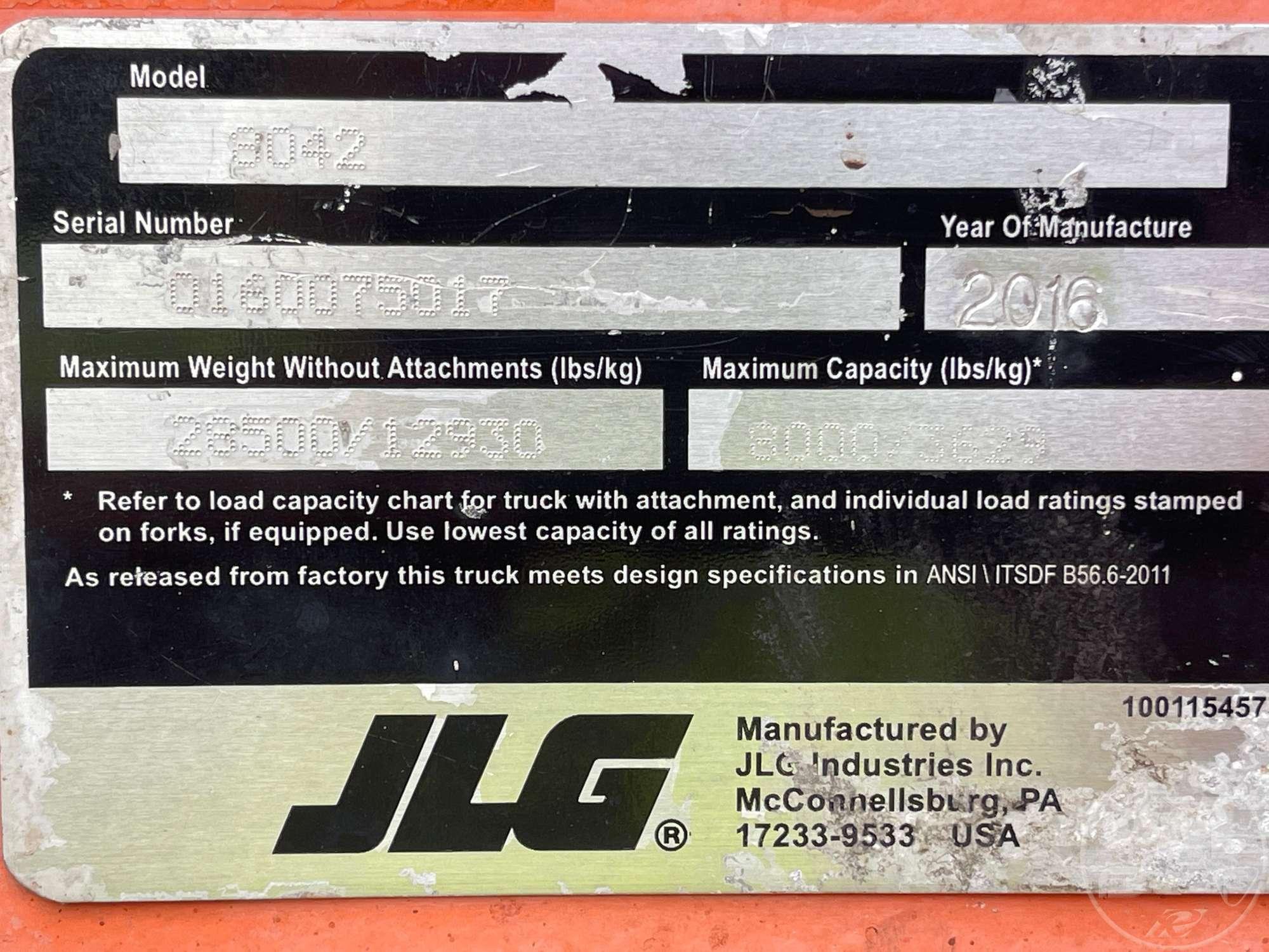 2016 JLG 8042 TELESCOPIC FORKLIFT SN: 0160075017
