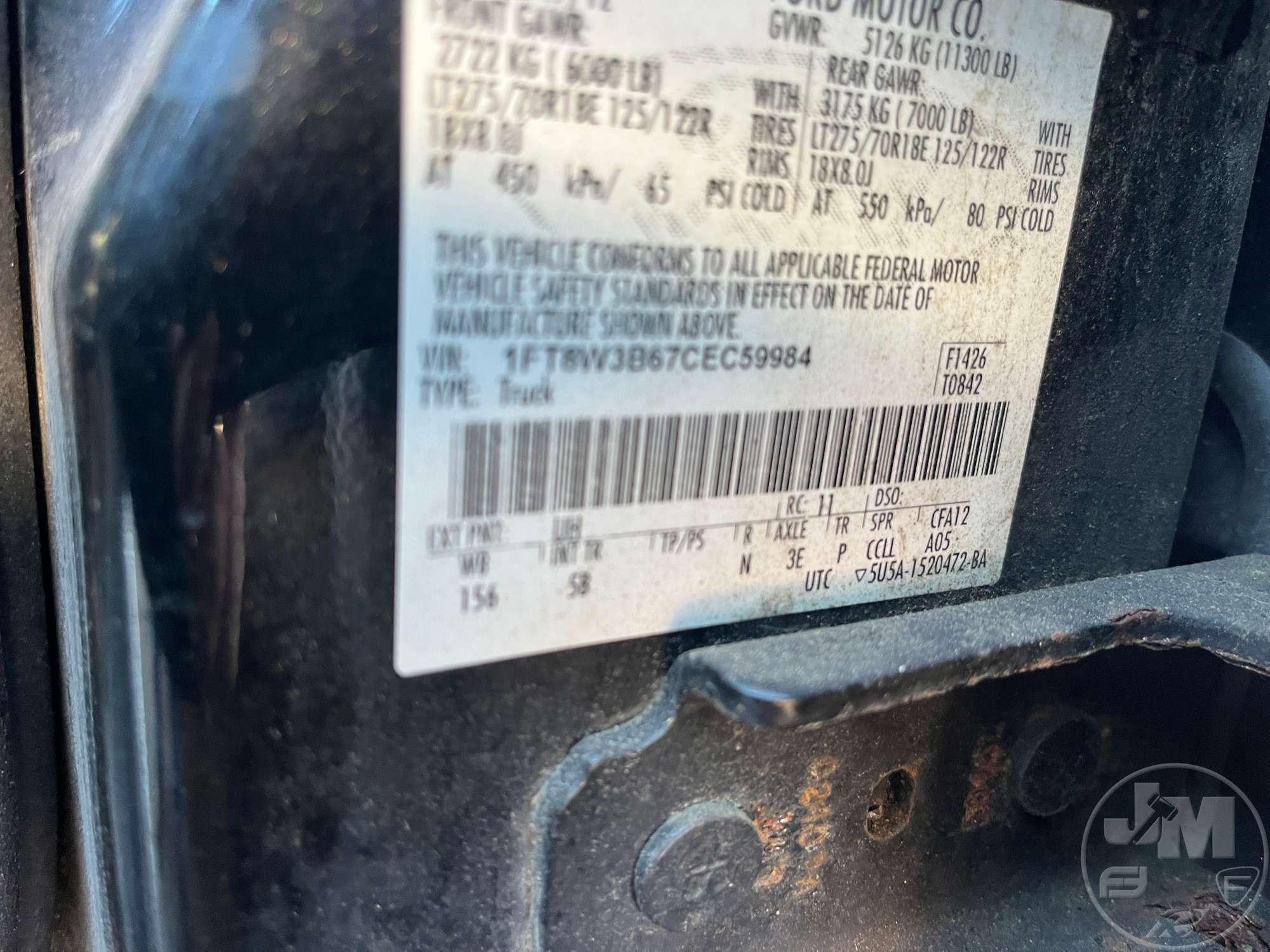 2012 FORD F350 CREW CAB 4X4 PICKUP VIN: 1FT8W3B67CEC59984