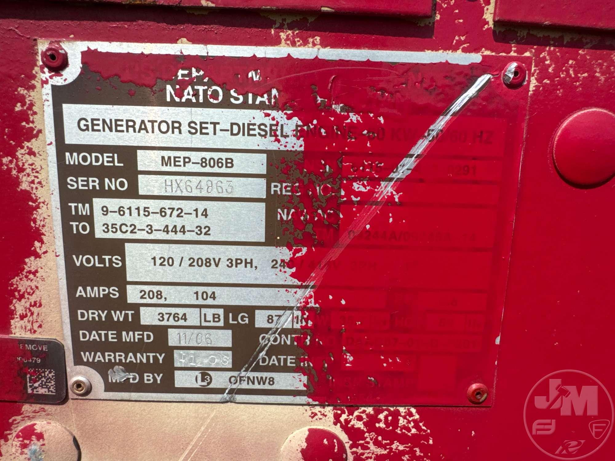 L3 MEP-806B 60 KW SKID MOUNTED GENERATOR HX64863