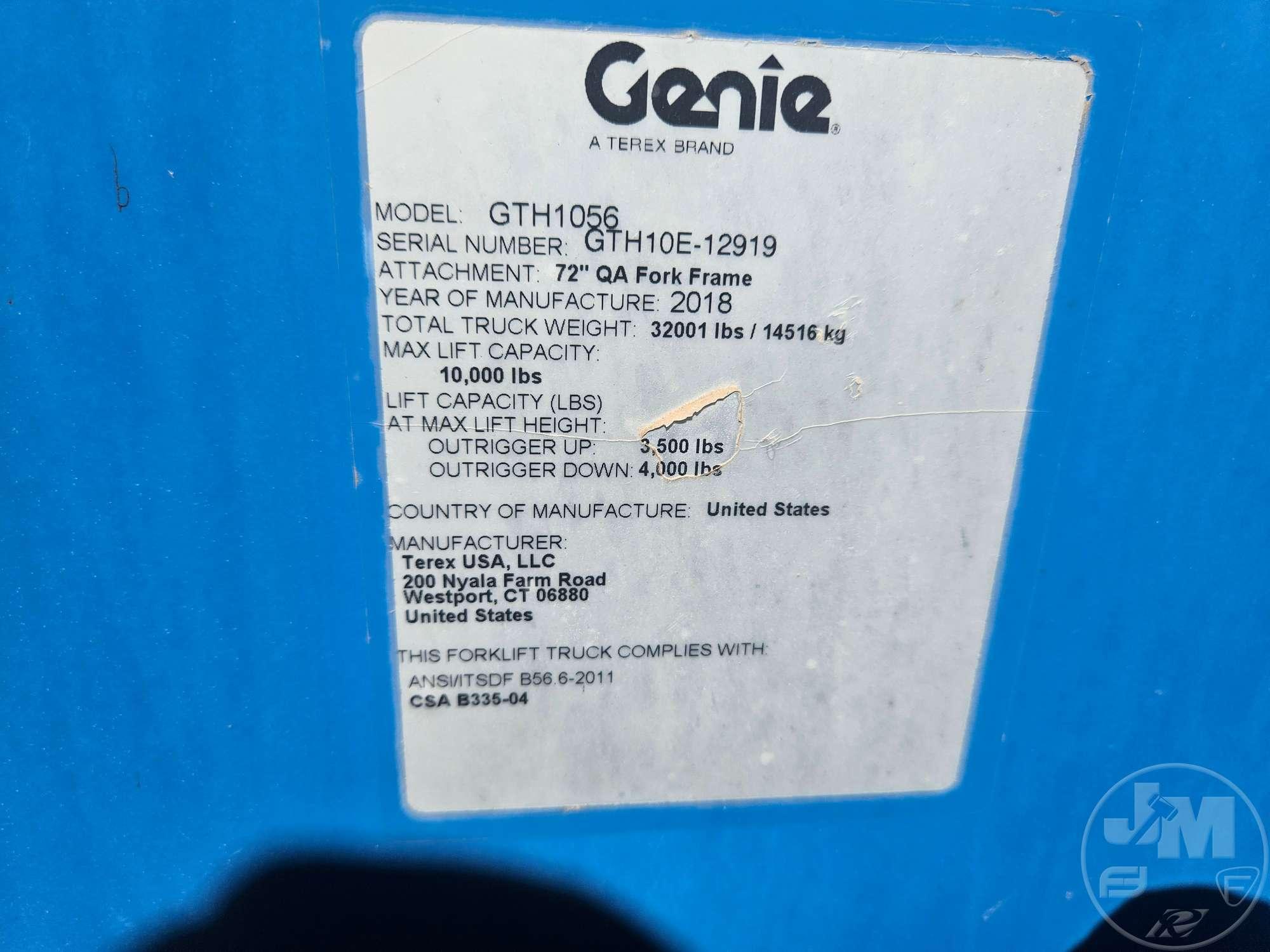 2018 GENIE GTH1056 10000 LB TELESCOPIC FORKLIFT SN: GTH10E-12919