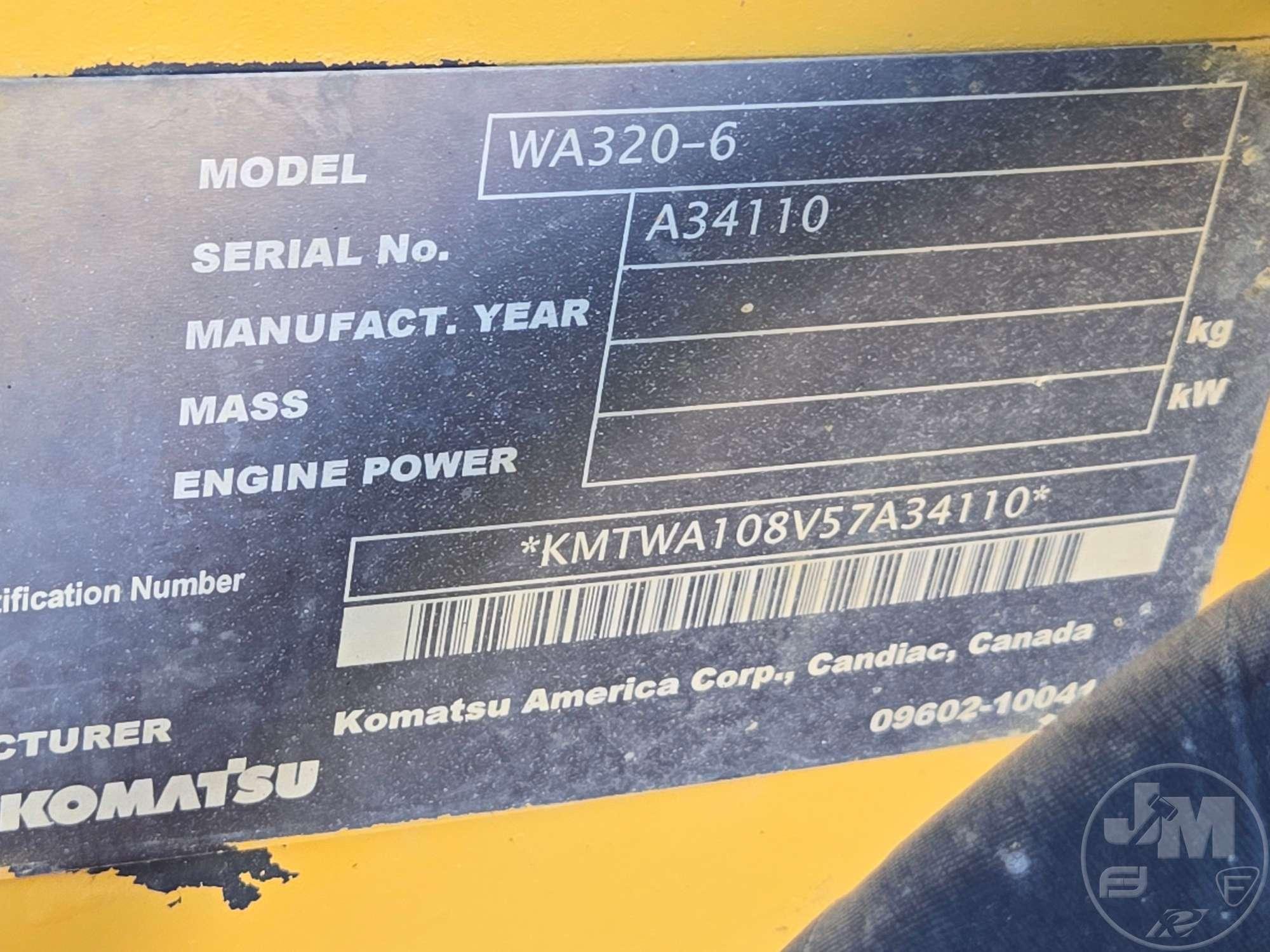 2008 KOMATSU WA320-6 WHEEL LOADER SN: KMTWA108V57A34110