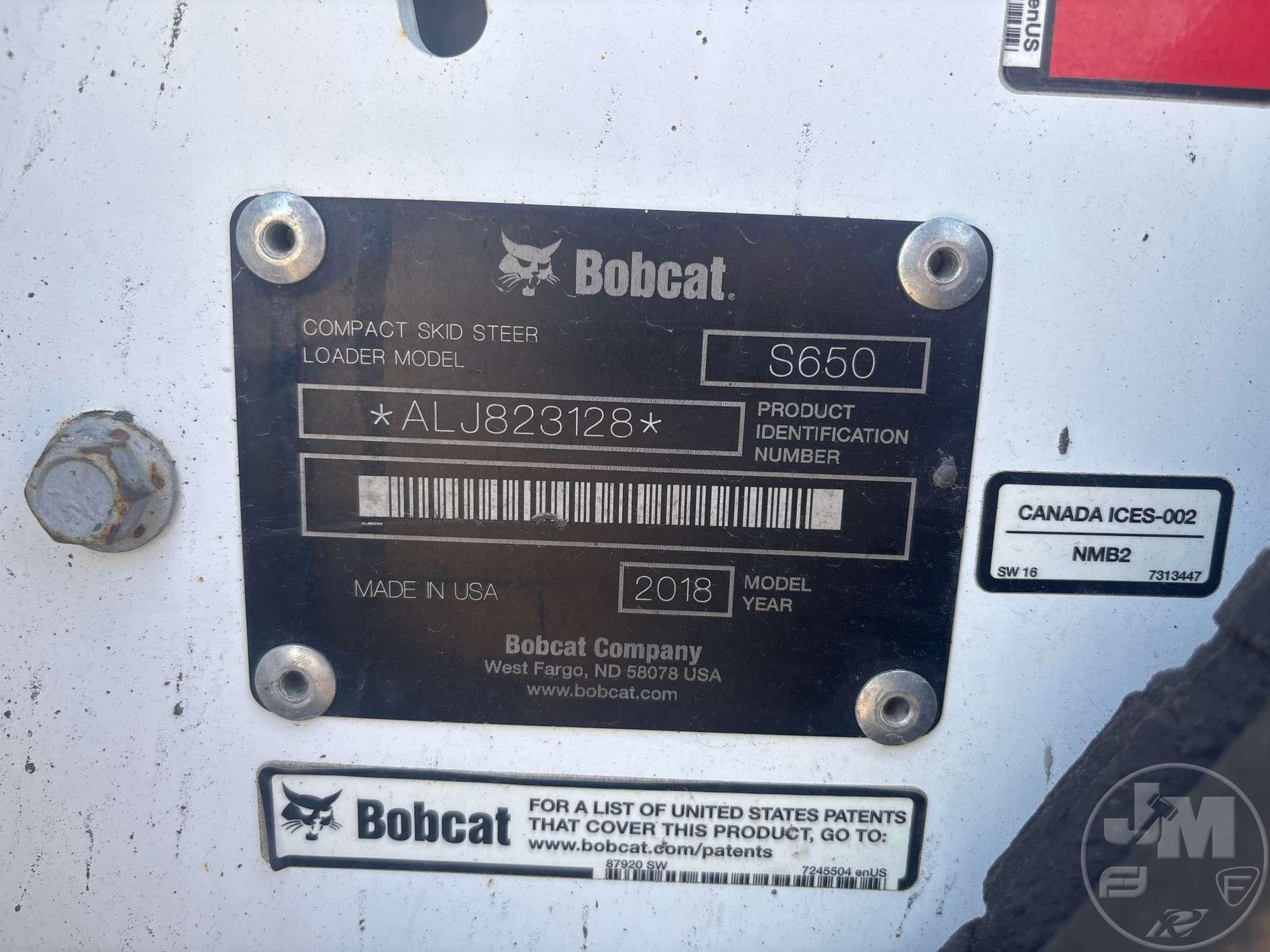 2018 BOBCAT S650 SKID STEER LOADER SN: ALJ823128