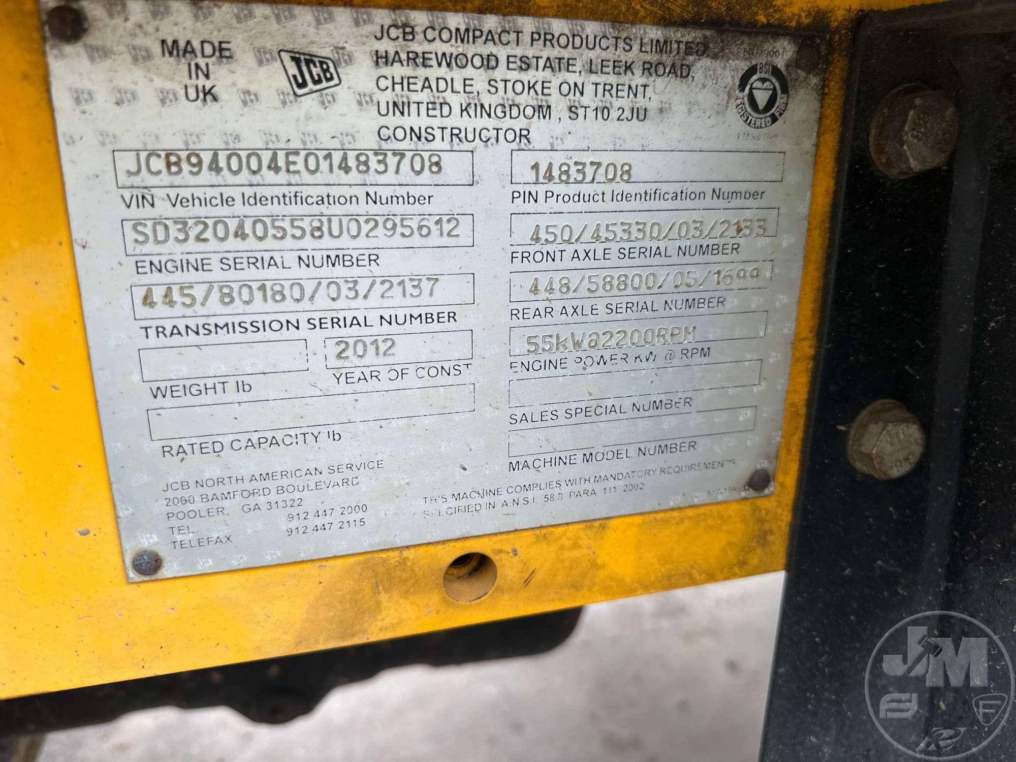 2012 JCB 940 8000 LB 4X4 ROUGH TERRAIN FORKLIFT SN: JCB94004E01483708