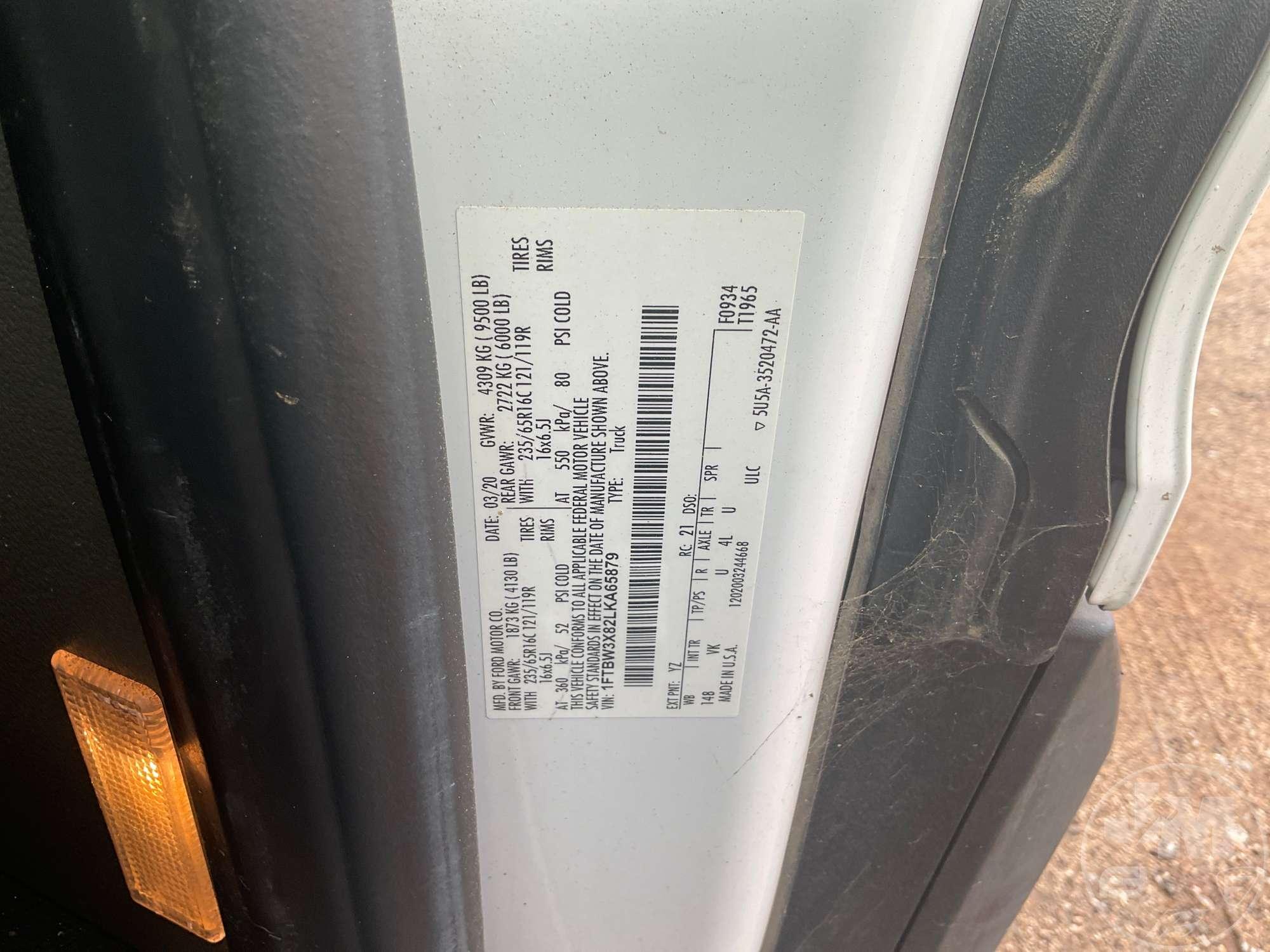 2020 FORD TRANSIT SPRINTER VAN VIN: 1FTBW3X82LKA65879