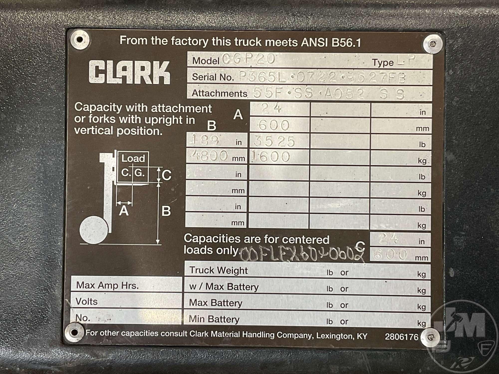 CLARK CGP20 CUSHION TIRE FORKLIFT SN: P365L-0722-9527FB