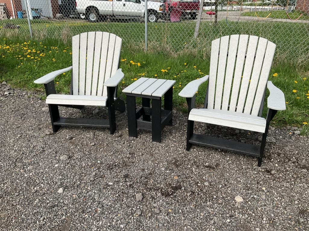2 Poly Adirondack Chairs & End Table