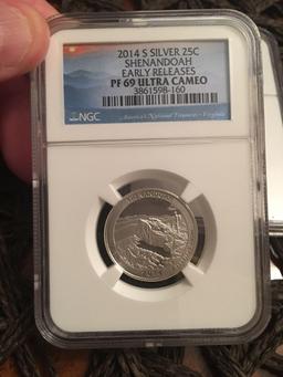 2 PF 69 Ultra Cameo 2014 Shenandoah early release Silver Quarters