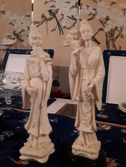 2 Intricately Carved East Asian Figures, one on a wooden base