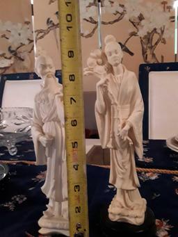 2 Intricately Carved East Asian Figures, one on a wooden base