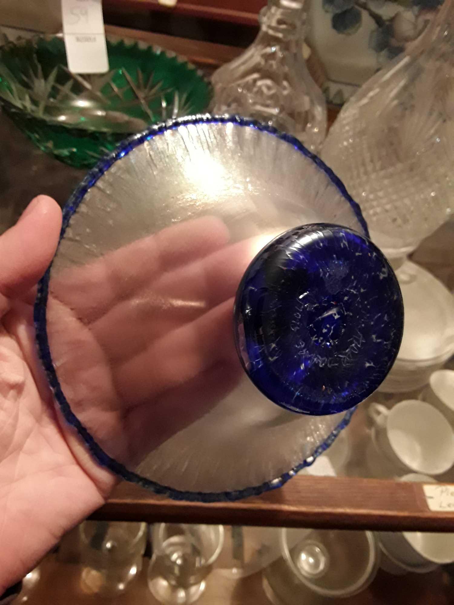 Glowing Green Glass Cup and Blue and White DEcor Bowl
