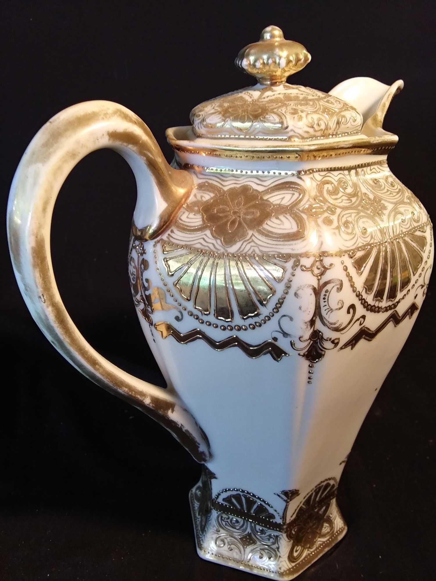 Antique Nippon Chocolate Pot White Beaded Gold