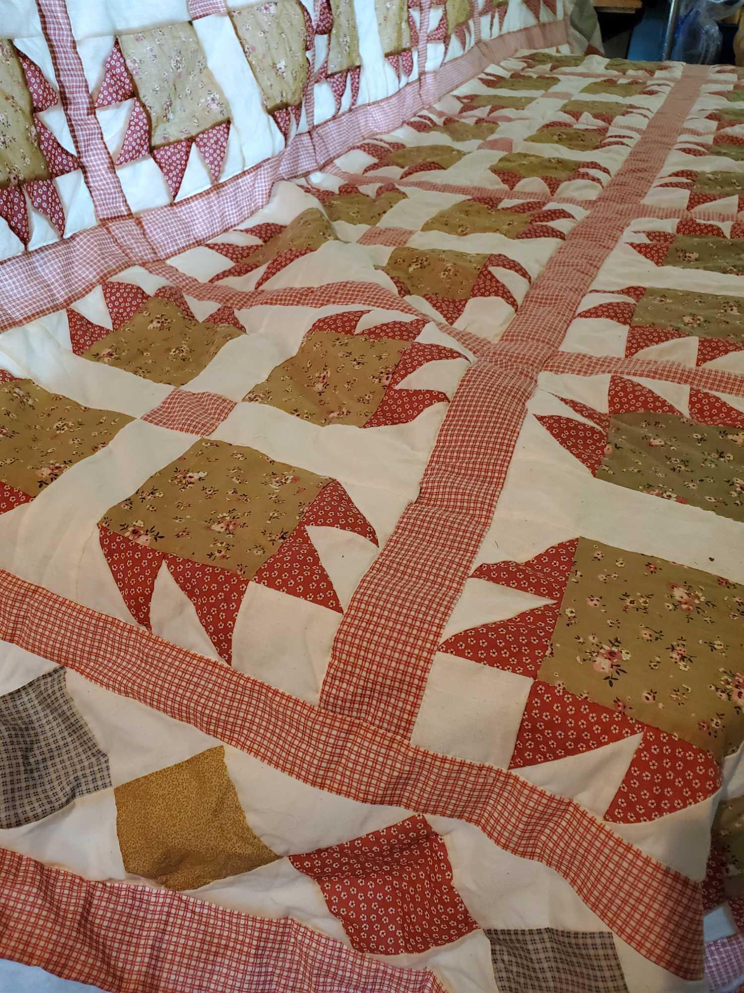King size patchwork quilt style comforter, rust, greens, yellows