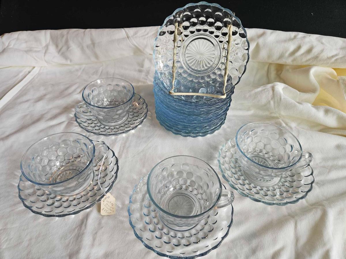 Anchor Hocking Glass BUBBLE Light Blue Cup & Saucer Depression Glassware