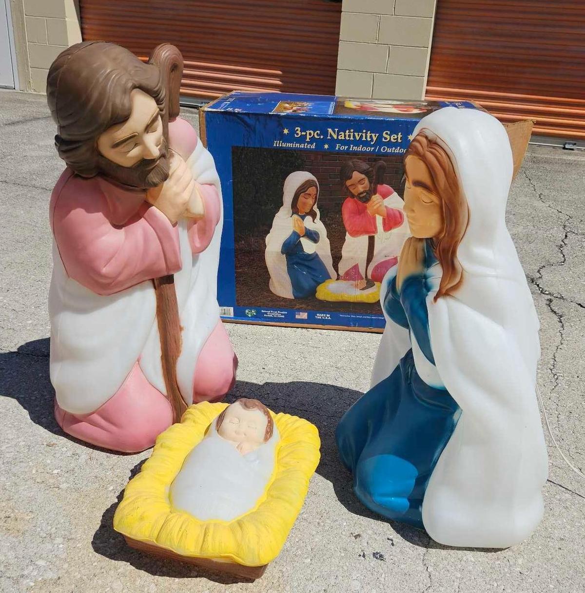 3 pc Illuminated Nativity Set Blow molds, in box