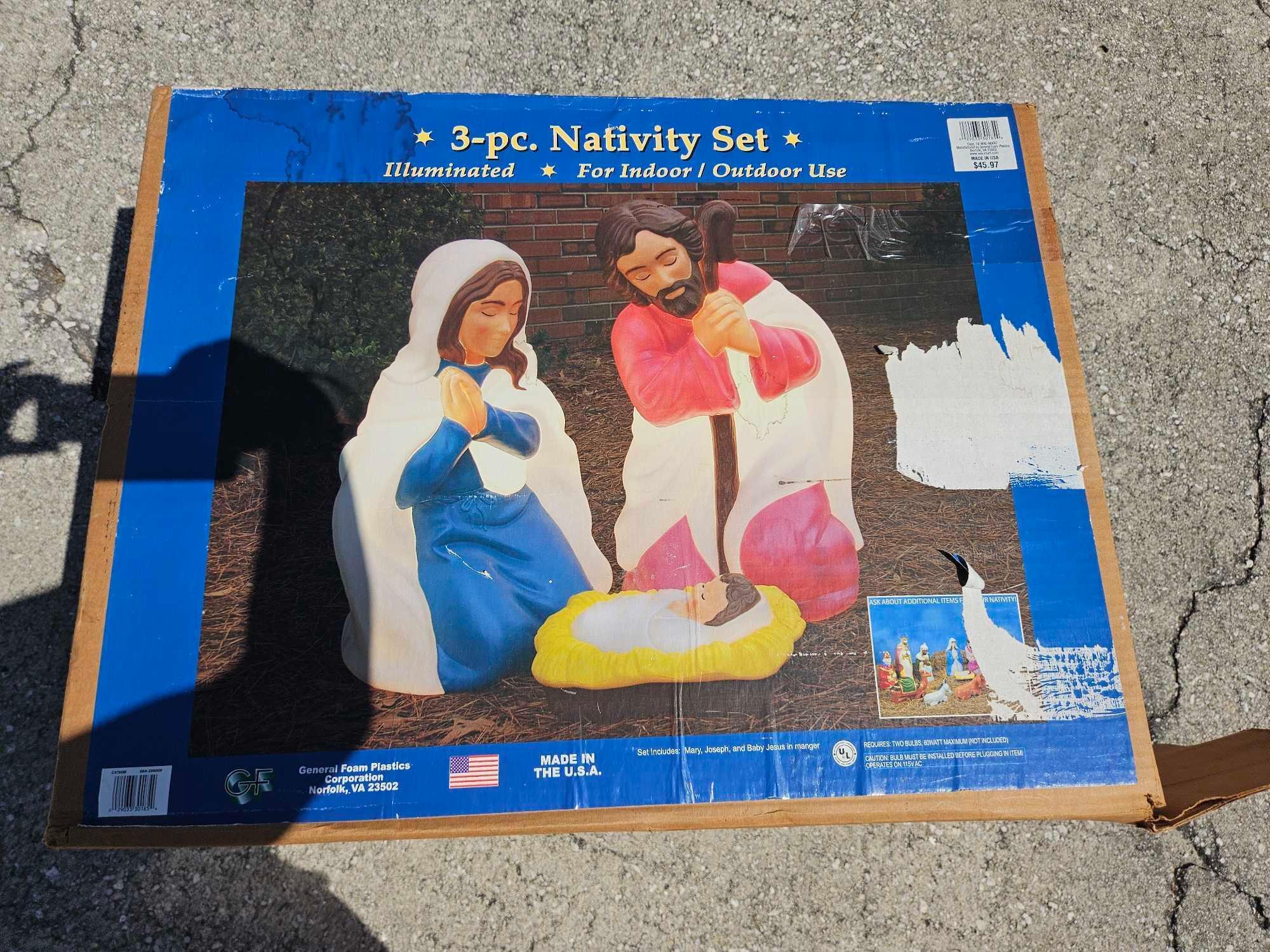 3 pc Illuminated Nativity Set Blow molds, in box