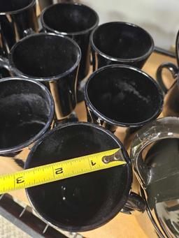 (9) BLACK GLASS IRISH COFFEE MUGS plus (4) Soup Large Mugs