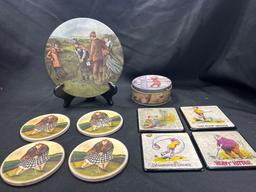 CUTE GROUP OF VINTAGE AND CONTEMPORARY GOLF DECOR INCLUDING COASTERS