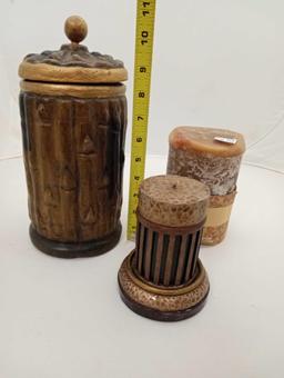 TRIO OF DECOR, GOLDS INCLUDING VERY HEAVY BAMBOO STYLE CANISTER