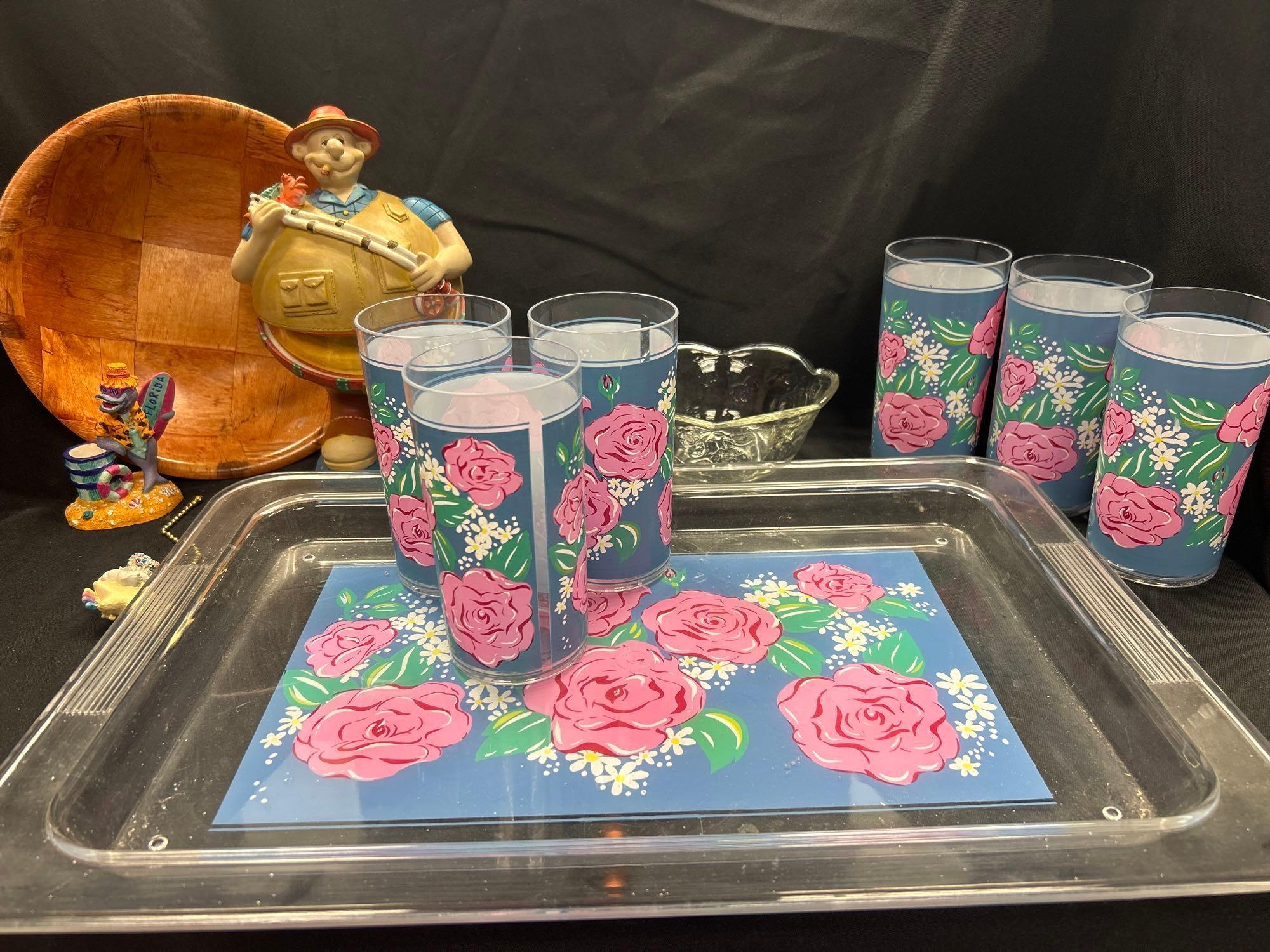 MIX AND MATCH GROUPING INCLUDING CUTE MATCHING ROSE TRAY AND TUMBLERS, RESIN