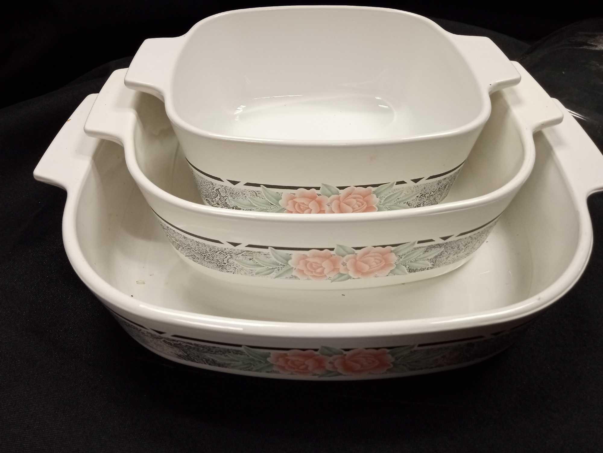 TRIO OF SILK AND ROSES CORELLE BY CORNINGWARE HANDLED BAKING DISHES WITH LIDS
