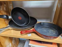 Enameled Cast Iron, RED POTS AND PANS WITH LIDS AND SOME SAUTE PANS