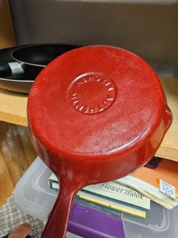 Enameled Cast Iron, RED POTS AND PANS WITH LIDS AND SOME SAUTE PANS