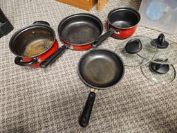 Enameled Cast Iron, RED POTS AND PANS WITH LIDS AND SOME SAUTE PANS